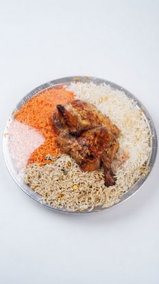 Picture of Chicken on a tray of mixed rice with 1 marag
